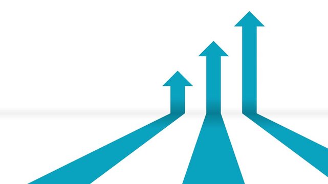 Three staggered 3D teal arrows slide forward and fold upwards on a clean white wall leaving negative space. Seamless loop for financial growth and corporate goals concepts.