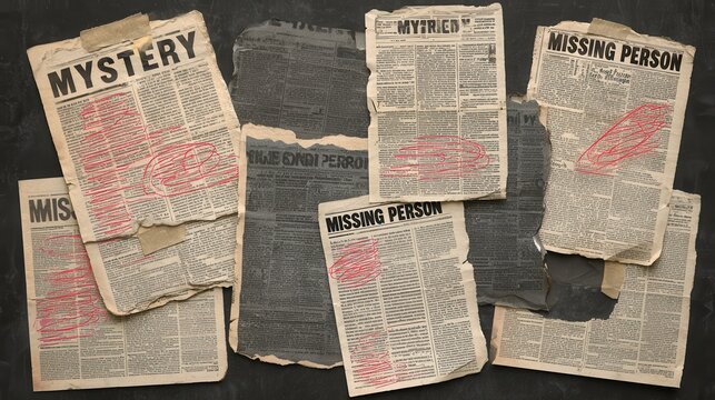 Old newspaper clippings reporting on mysteries and missing persons with marked sections