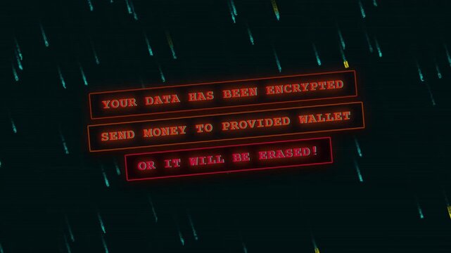 Cyber ransomware attack alert shown on digital screen. malicious malware virus encrypts files and demands big payments.