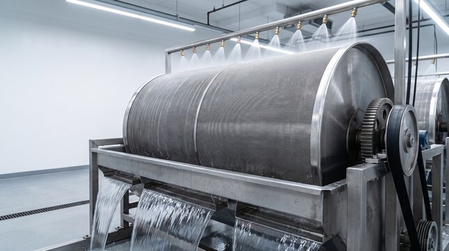 Industrial RAS Rotary Micro Screen Drum Filter with Stainless Steel Wire Mesh and Backwash Spray Nozzles for Recirculating Aquaculture Hatchery