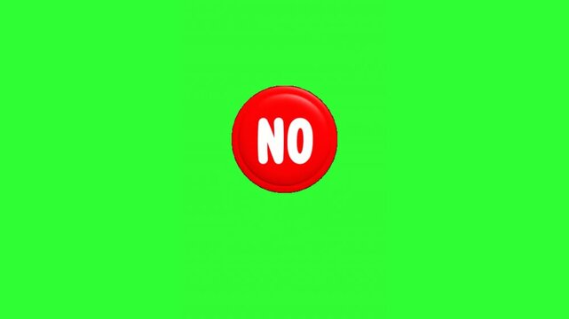 Animated glossy red button with bold white NO text bouncing on a bright green screen, ideal for rejection messages, negative responses, cancel actions, social media graphics, gaming interfaces