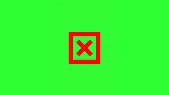 Animated red cross symbol inside a square frame on a bright green screen, designed for rejection, cancel, error, close, delete, warning, interface, gaming, and chroma key video overlays.
