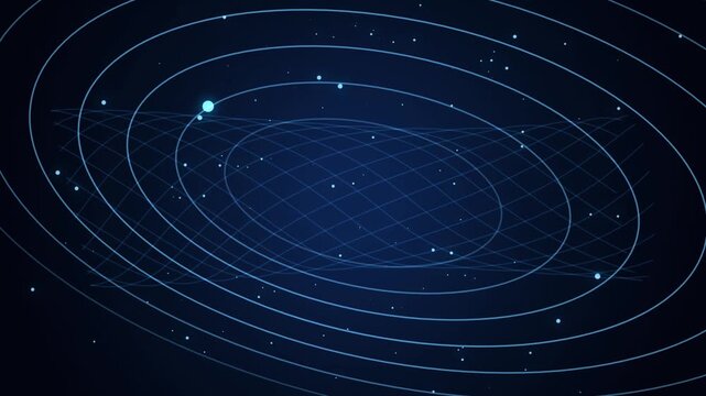 Futuristic blue spacetime gravity grid animation with glowing planet orbit paths on dark background