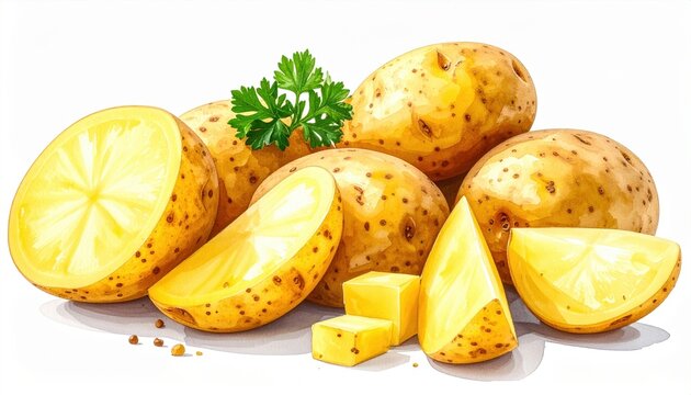 Potato slices cubes wedges and whole tubers isolated on white