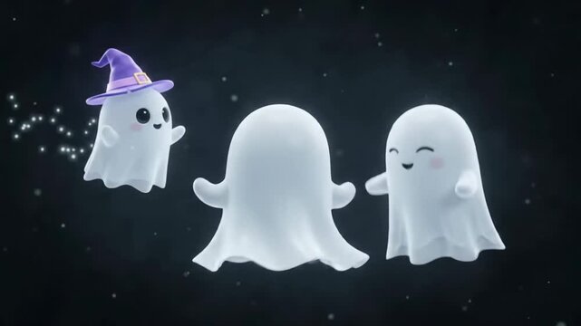 Cute little ghosts animation on dark background