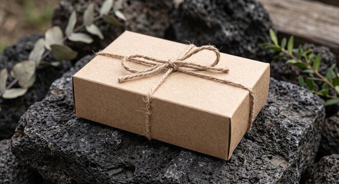 Minimalist Eco-Friendly Kraft Box on Volcanic Stone for Sustainable Corporate Gifting Concepts