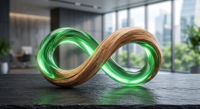 Wooden and Glowing Green Glass Infinity Symbol for Sustainability and Green Business Projects