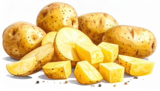 Potato slices cubes wedges and whole tubers isolated on white