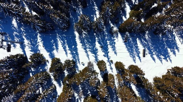 Ski lift cable passing across forest. An aerial top perspective shows chairlift cabins moving over pine trees casting striped shadows on white snow.