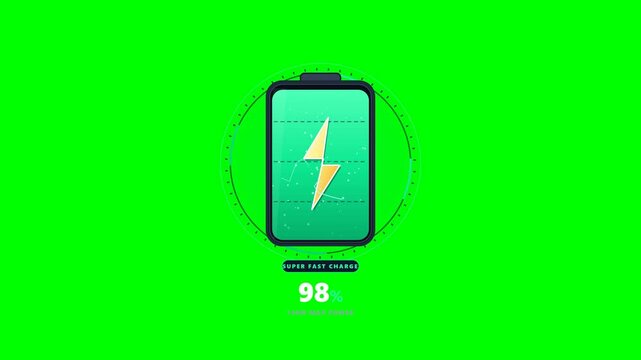 4K 60fps motion graphic animation of a futuristic fast charging battery indicator with rapid percentage counter, dual electric lightning bolts, pulsing radial energy waves, and glowing particles on a