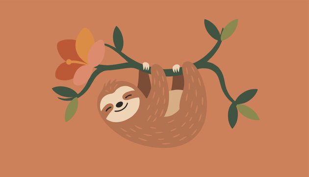 Cute sloth hanging lazily from a tree branch with a tropical flower against a warm orange background in a simple vector art style.