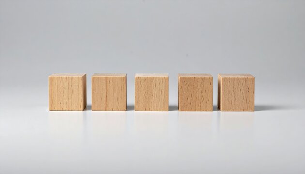Five blank wooden cubes arranged horizontally on light gray