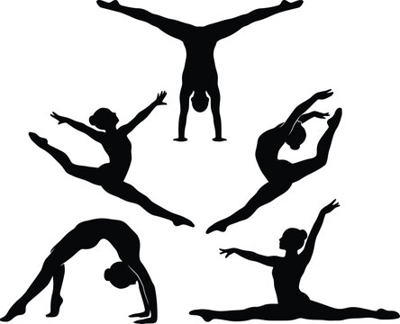 Collection of black female gymnast silhouettes performing acrobatic stunts and splits with white background silhouette acrobatics handstand flexibility exercise training