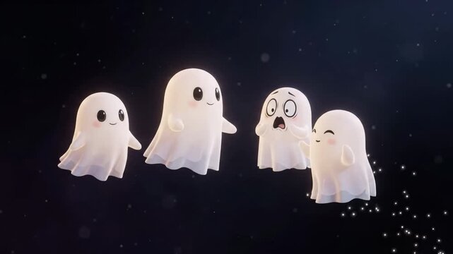 Cute little ghosts animation on dark background