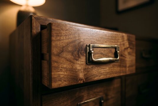 Macro close up of the wooden drawer edge and brass handle pull of a chest of drawers