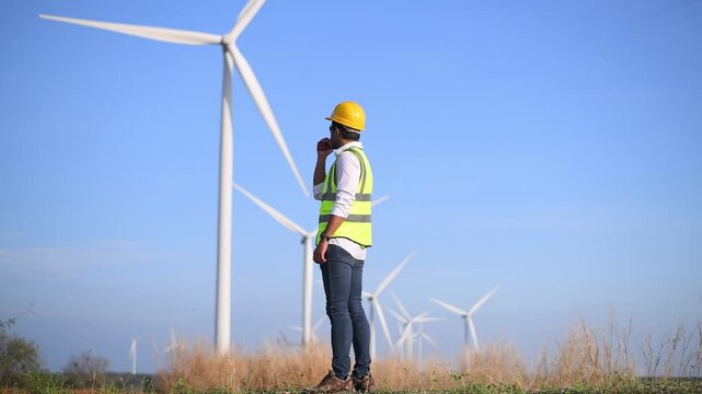 Engineer wearing uniform ,helmet inspection and survey work in wind turbine farms rotation to generate electricity energy. Green ecological power energy generation wind sustainable energy concept.	
