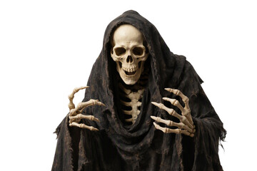 Grim reaper skeleton isolated PNG, scary undead figure in black hooded robe on white transparent background, halloween horror character © Bright Stock