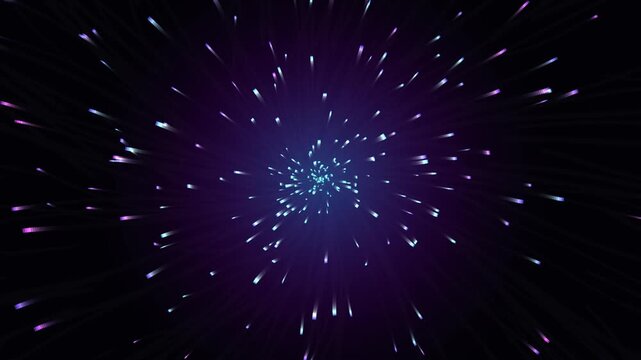 Futuristic glowing particle burst zoom transition animation with color changing light streaks