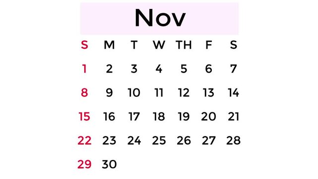 Simple November 11, 2026 calendar, pastel pink on a white background.