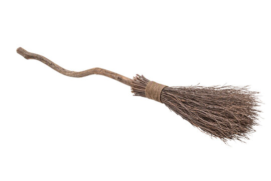 Witch broom horizontal isolated PNG, magic wooden broomstick resting with rustic twigs on transparent background, halloween flying prop