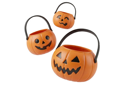 Halloween pumpkin buckets set isolated PNG, three plastic trick or treat jack o lantern containers on transparent background