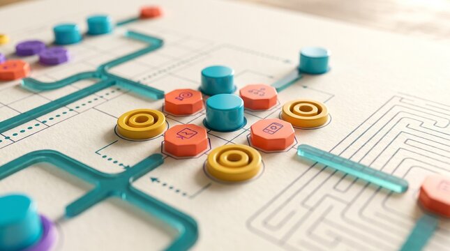 Colorful 3D Tokens on Circuit Board Diagram