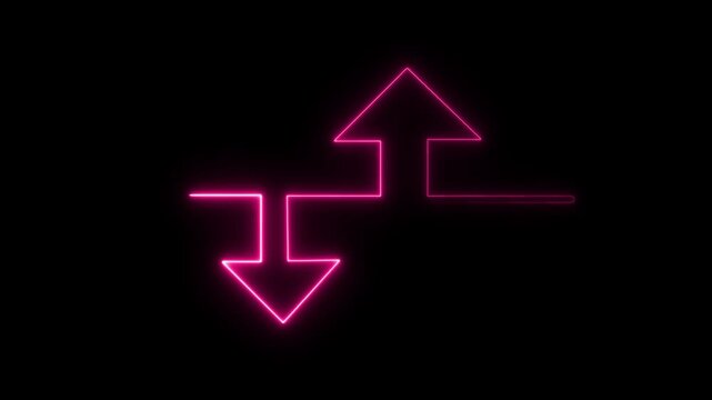 Up and down arrow icon set, glowing neon upload download symbol on black background