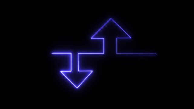 Up and down arrow icon set, glowing neon upload download symbol on black background
