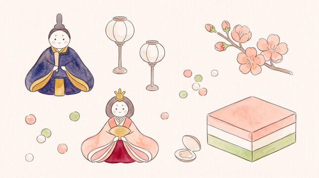 Hand drawn hinamatsuri illustration set with hina dolls and lanterns