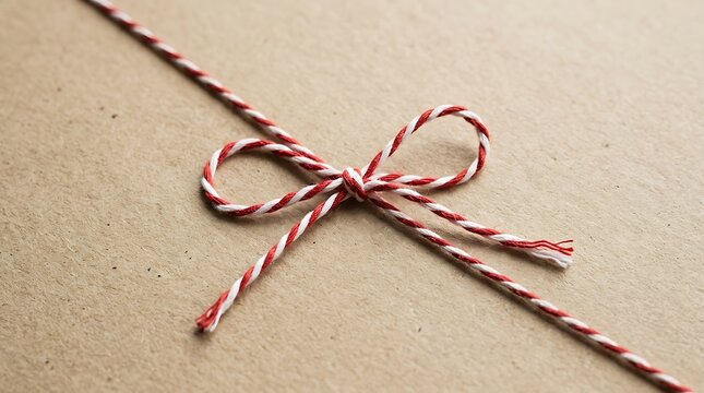Red and white twine bow tied on rustic brown paper background for gift wrapping concept