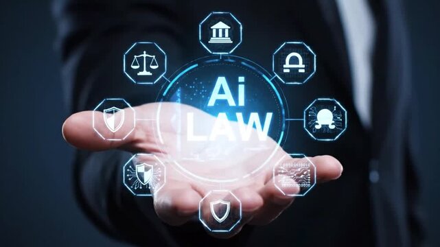 Businessman Holding Futuristic AI Law Hologram with Digital Legal Icons and Cybersecurity Symbols in Dark Studio Setting