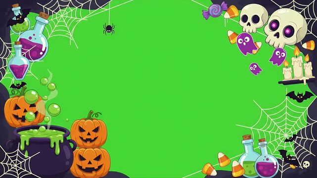 Cartoon Halloween Frame with Pumpkin and Skulls on Green Screen