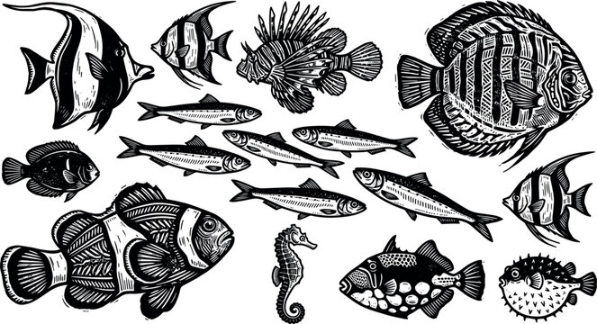 Detailed Tropical Fish Collection with Exotic Marine Species, Angelfish, Lionfish, Surgeonfish, Seahorse and Pufferfish for Ocean Wildlife Designs