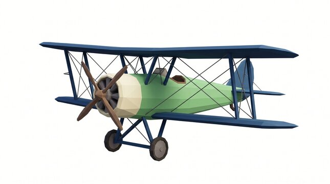 Low poly vintage propeller biplane aircraft isolated on white background