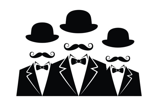 Vintage disguise silhouette featuring bowler hat, curly mustache, suit and tie, funny carnival costume accessories, retro character decoration, line art, and vector illustration.