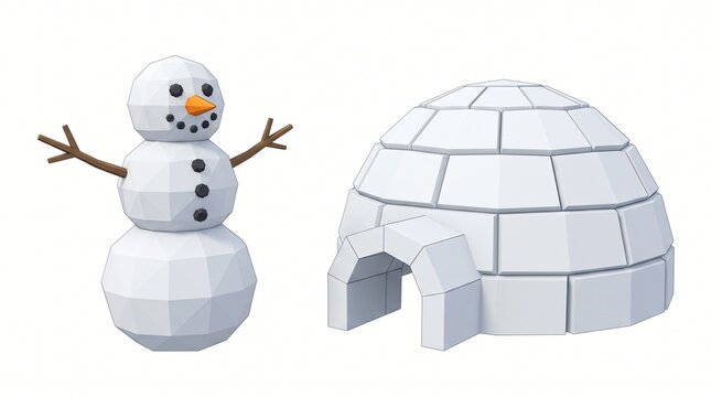 Low poly 3D snowman with carrot nose and stick arms next to a snow block igloo isolated on white background