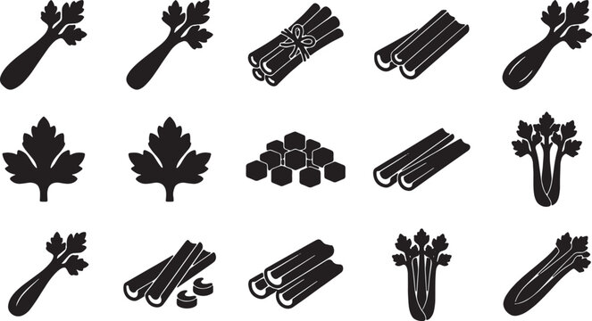 Set of black silhouette icons featuring fresh celery stalks and leaves