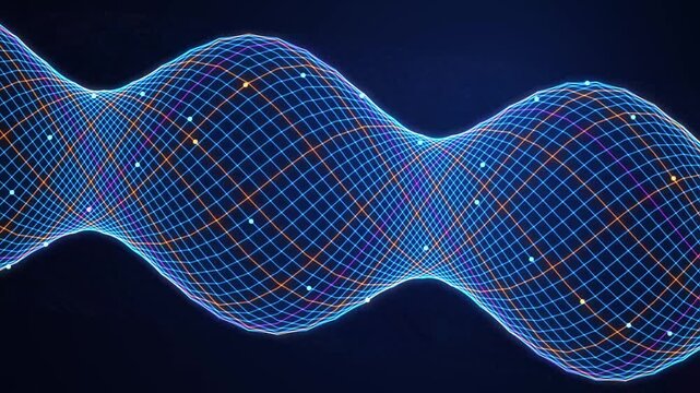 Glowing blue digital wave mesh animation with colorful neon data particles on a dark blue background