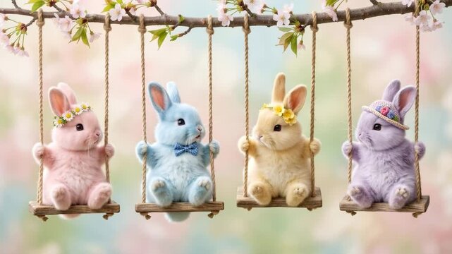 Four Adorable Pastel Colored Easter Bunnies Sitting on Wooden Swings Decorated with Spring Cherry Blossoms