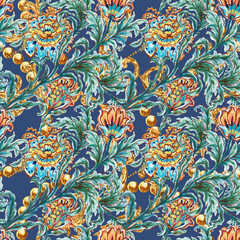 Blooming fantasy floral pattern with blue and orange flowers and Golden pearl motif folk © HoyaBouquet