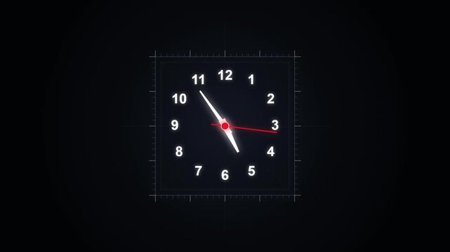 Glowing futuristic digital square clock animation ticking time lapse on dark black background