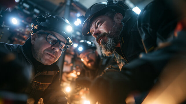 Industrial Technicians with Headlamps Inspecting Equipment Together