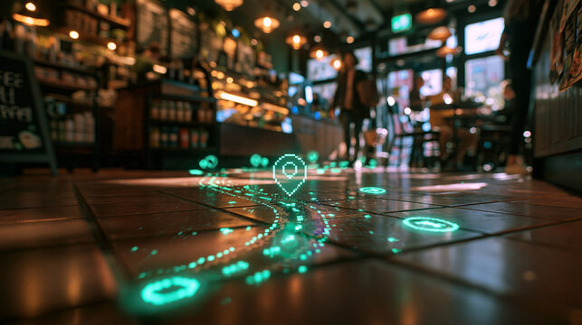Augmented Reality Indoor Navigation Route Projected on Cafe Floor