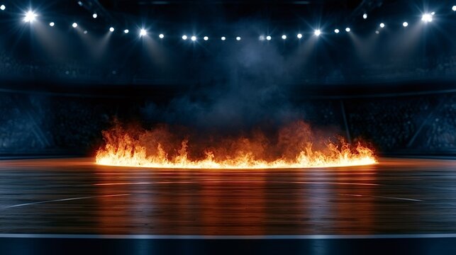 Hardwood basketball court showing vibrant flames and dark smoke spreading across the floor under bright stadium lights, symbolizing intense competition and energy