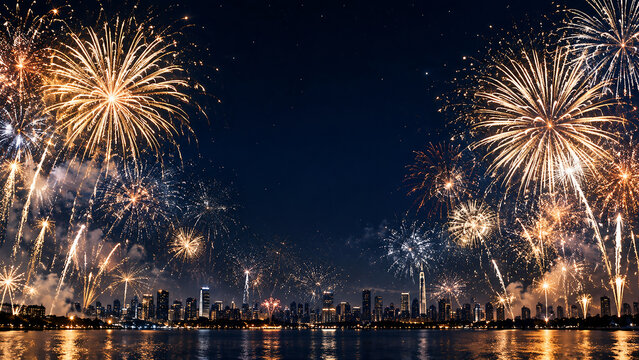 New Year Celebration with Colorful Fireworks and Floating Lanterns at Night