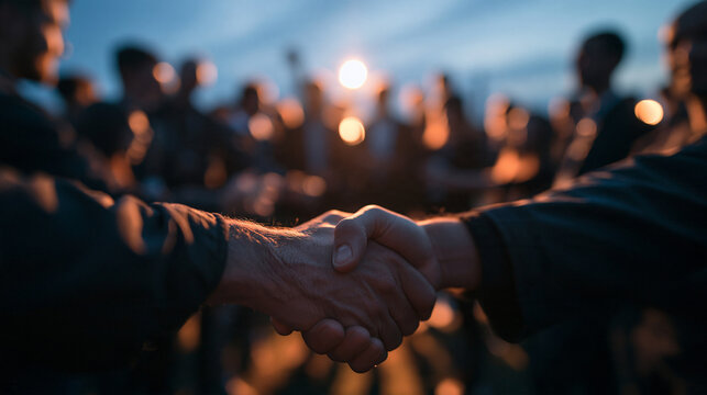 Close Up of Two Men Shaking Hands Outdoors at Sunset