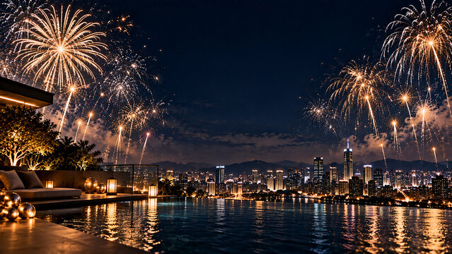Romantic New Year Celebration with Fireworks Over Mountain Lake