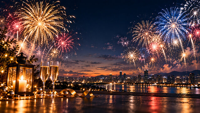New Year Fireworks and Lanterns Over Scenic Mountain Landscape at Night