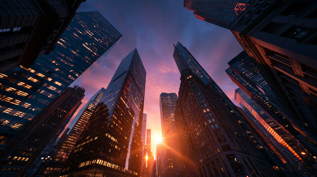 Low Angle View of Modern Skyscrapers at Sunset