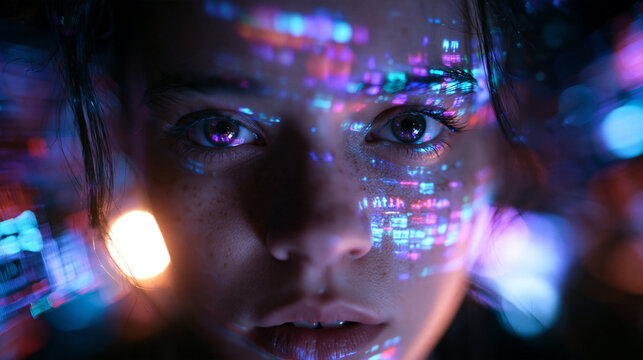 Young Woman with Digital Code and Data Projected on Face